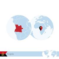 Angola on world globe with flag and regional map of Angola. vector