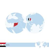 Syria on world globe with flag and regional map of Syria. vector