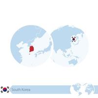 South Korea on world globe with flag and regional map of South Korea. vector