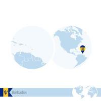 barbados en globo terráqueo con bandera y mapa regional de barbados. vector