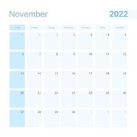 2022 November wall planner in blue color, week starts on Sunday. vector