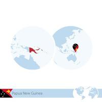 Papua New Guinea on world globe with flag and regional map of Papua New Guinea. vector