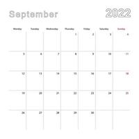 calendario de pared simple para septiembre de 2022 con líneas punteadas. el calendario está en inglés, la semana comienza el lunes. vector