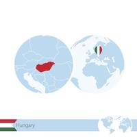 Hungary on world globe with flag and regional map of Hungary. vector