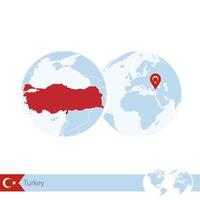 Turkey on world globe with flag and regional map of Turkey. vector