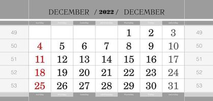 December 2022 quarterly calendar block. Wall calendar in English, week starts from Sunday. vector