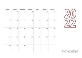 Calendar for November 2022 in modern design, planner template. vector