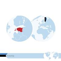 Estonia on world globe with flag and regional map of Estonia. vector