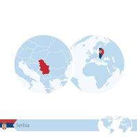 Serbia on world globe with flag and regional map of Serbia. vector