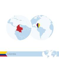 Colombia on world globe with flag and regional map of Colombia. vector