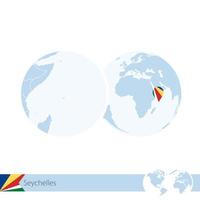 seychelles en globo terráqueo con bandera y mapa regional de seychelles. vector