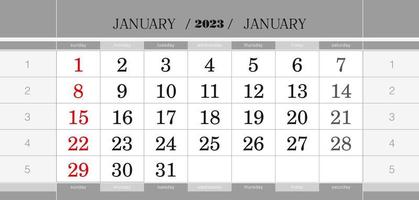 January 2023 quarterly calendar block. Wall calendar in English, week starts from Sunday. vector