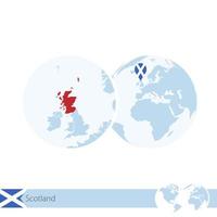 Scotland on world globe with flag and regional map of Scotland. vector