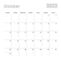 calendario de pared simple para octubre de 2022 con líneas punteadas. el calendario está en inglés, la semana comienza el lunes. vector