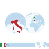 italia en el globo terráqueo con bandera y mapa regional de italia. vector