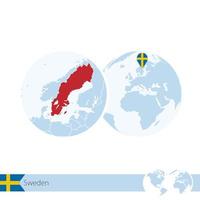 Sweden on world globe with flag and regional map of Sweden. vector