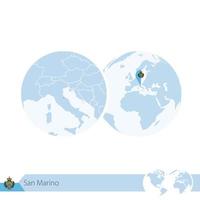 San Marino on world globe with flag and regional map of San Marino.