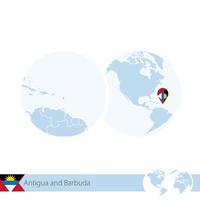 antigua y barbuda en el globo terráqueo con bandera y mapa regional de antigua y barbuda. vector