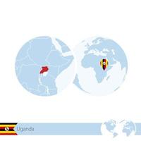 Uganda on world globe with flag and regional map of Uganda. vector