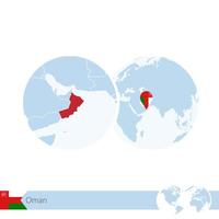 Oman on world globe with flag and regional map of Oman. vector