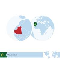 Mauritania on world globe with flag and regional map of Mauritania. vector