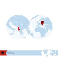 Albania on world globe with flag and regional map of Albania. vector