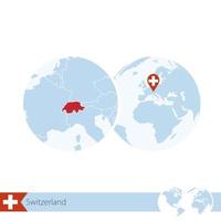 Switzerland on world globe with flag and regional map of Switzerland. vector