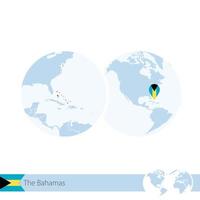 las bahamas en globo terráqueo con bandera y mapa regional de las bahamas. vector