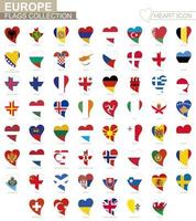 Vector flag collection of European countries. Heart icon set.