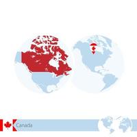 Canada on world globe with flag and regional map of Canada. vector