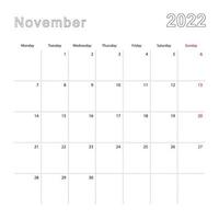 calendario de pared simple para noviembre de 2022 con líneas punteadas. el calendario está en inglés, la semana comienza el lunes. vector