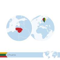 Lithuania on world globe with flag and regional map of Lithuania. vector