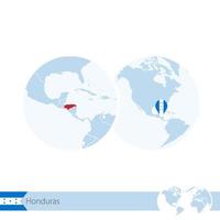 Honduras on world globe with flag and regional map of Honduras. vector