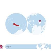 Nepal on world globe with flag and regional map of Nepal. vector