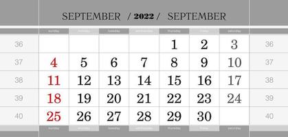 September 2022 quarterly calendar block. Wall calendar in English, week starts from Sunday. vector