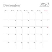 Simple wall calendar for December 2022 with dotted lines. The calendar is in English, week start from Monday. vector