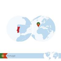 Portugal on world globe with flag and regional map of Portugal. vector