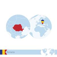 Romania on world globe with flag and regional map of Romania. vector