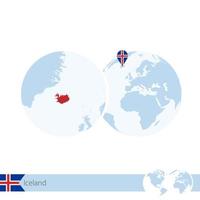 islandia en el globo terráqueo con bandera y mapa regional de islandia. vector