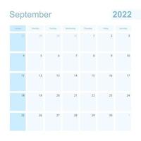 Planificador de pared de septiembre de 2022 en color azul, la semana comienza el domingo. vector