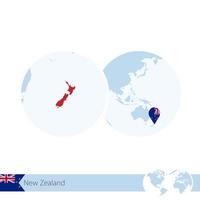 New Zealand on world globe with flag and regional map of New Zealand. vector