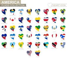 colección de banderas vectoriales de países americanos. conjunto de iconos de corazón. vector