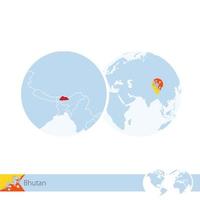 Bhutan on world globe with flag and regional map of Bhutan. vector
