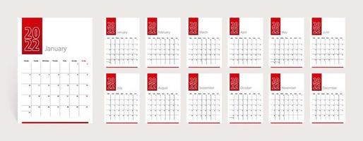 2022 calendar design, set of 12 months. Week starts on Monday. Vertical calendar template. vector