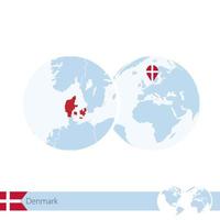 Denmark on world globe with flag and regional map of Denmark. vector