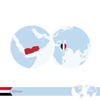 Yemen on world globe with flag and regional map of Yemen. vector