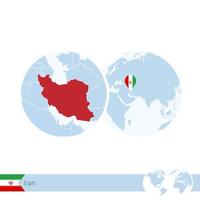 Iran on world globe with flag and regional map of Iran. vector