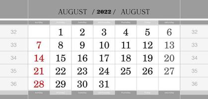 August 2022 quarterly calendar block. Wall calendar in English, week starts from Sunday. vector