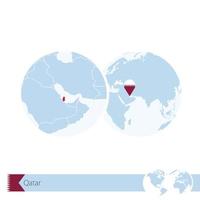 Qatar on world globe with flag and regional map of Qatar. vector