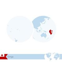 Tonga on world globe with flag and regional map of Tonga. vector